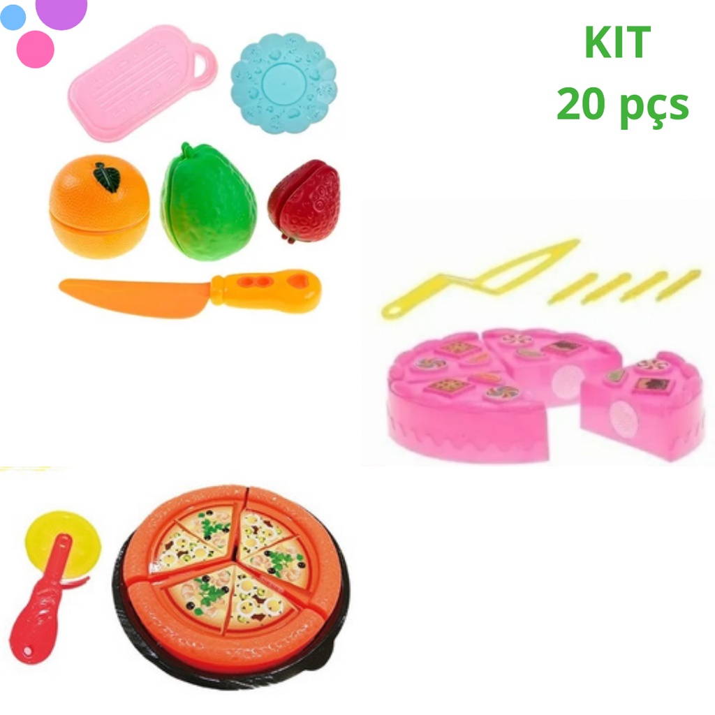 Kit comidinha infantil crec crec 20 peças frutas + Pizza + Bolo de aniversario