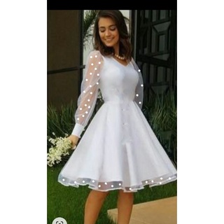 Vestido Branco De Casamento Civil Tule Rodado Godê Festa