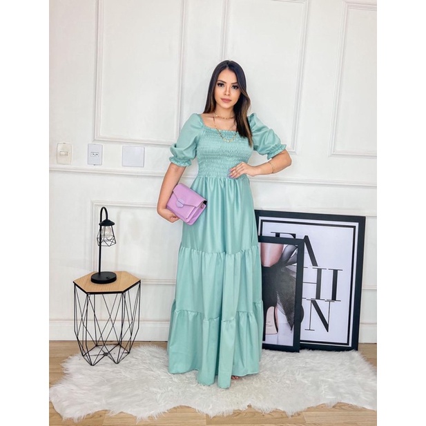 Vestido longo camadas manga curta bufante princesa lastex verde menta