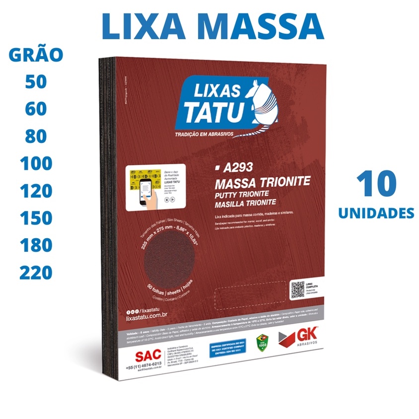 Lixa Massa Para Parede Grão 50 ao 220 Tatu com 10 Unidades em Oferta na Shopee