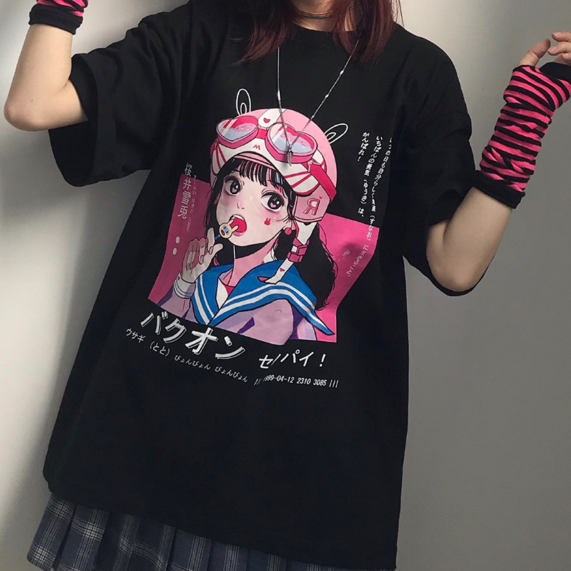 Camiseta feminina casual japonesa, camiseta harajuku dark anime estampada  folgada