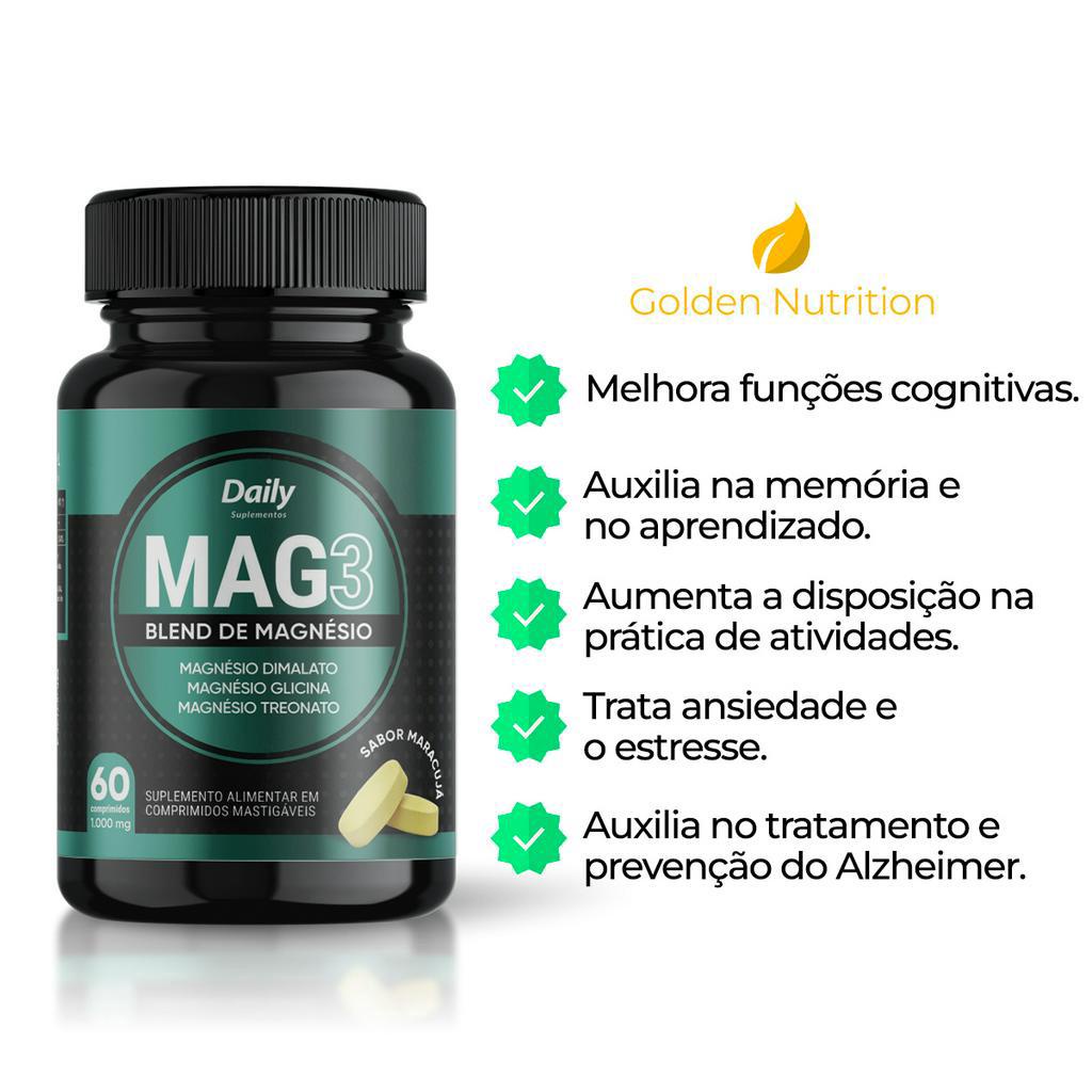 Mag3 Magnesio Dimalato L-Treonato Glicina 1000mg 60 Comp. Sabor Maracujá Para Memória Concentração Aprendizado Stress Humor