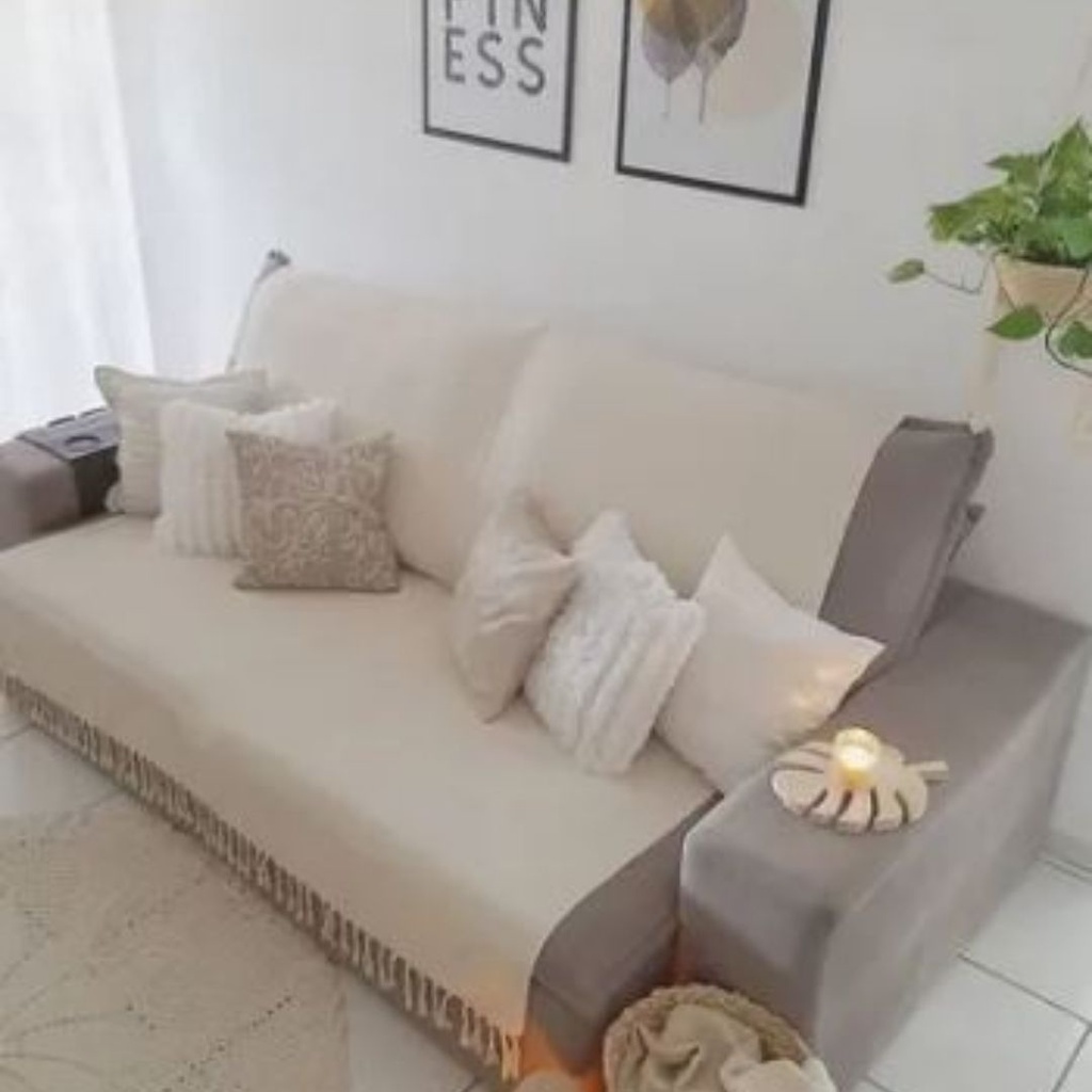 Manta Xale Decorativa Cru Off White com Franja 220x260 Sofa Poltrona Cama Queen Algodao Super Macia Ideia Presente Mulher Esposa Mae Madrasta