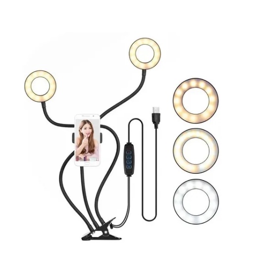 Ring Light Duplo C/ Suporte Celular E Garra P/ Mesa 3 X Em 1