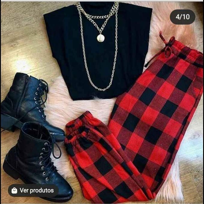 Calça  Feminina Xadrez Flanela Jogger com Bolso Faca e Cordão de tecido detalhe na calça Moda Blogueira