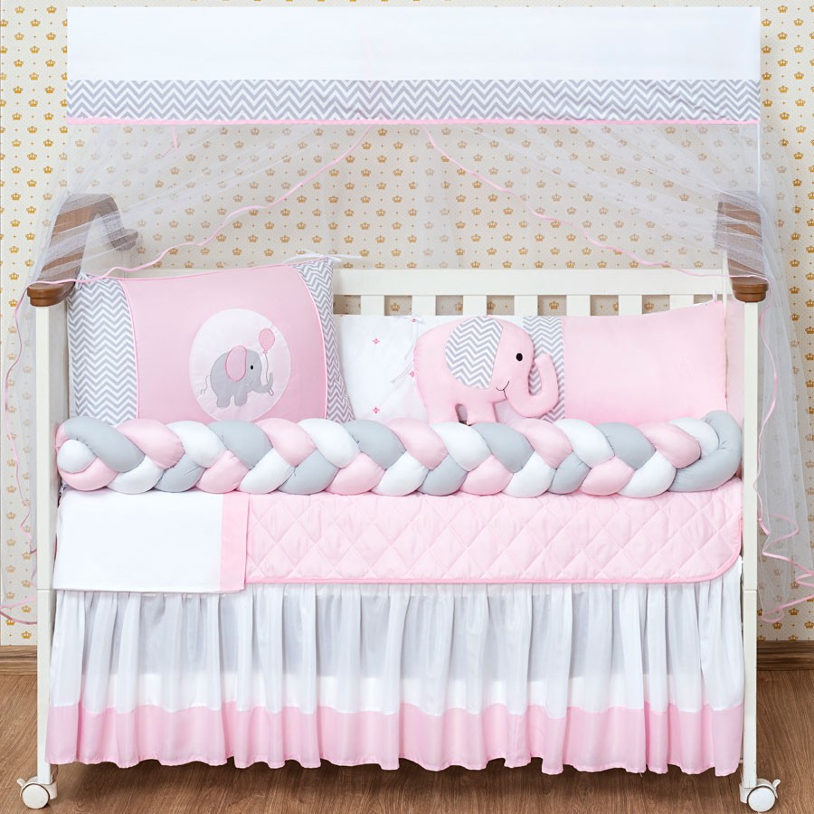 Kit Protetor Berço Trança 11 Peças com saia Elefante