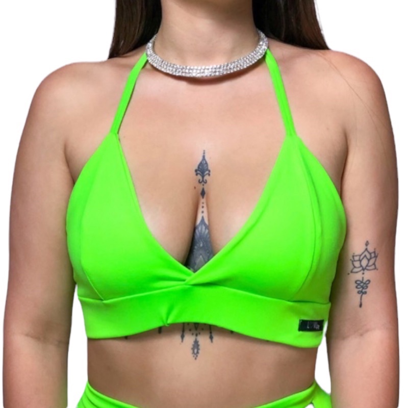 Top Alcinha Decote Cruzado Asa Delta Biquíni Amarração Verde Neon Balada Feminino Básico Plus Size Carnaval