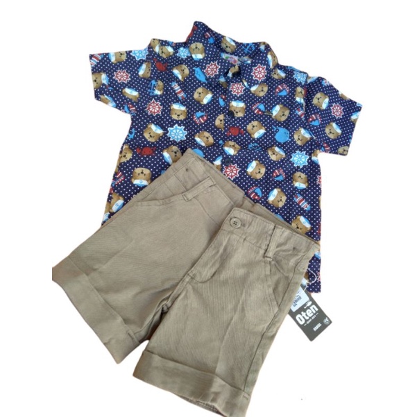 Conjunto infantil camisa social manga curta e bermuda brim tamanho 2 a 3 anos / Roupa menino Conjunto infantil aniversário Ursinho marinheiro