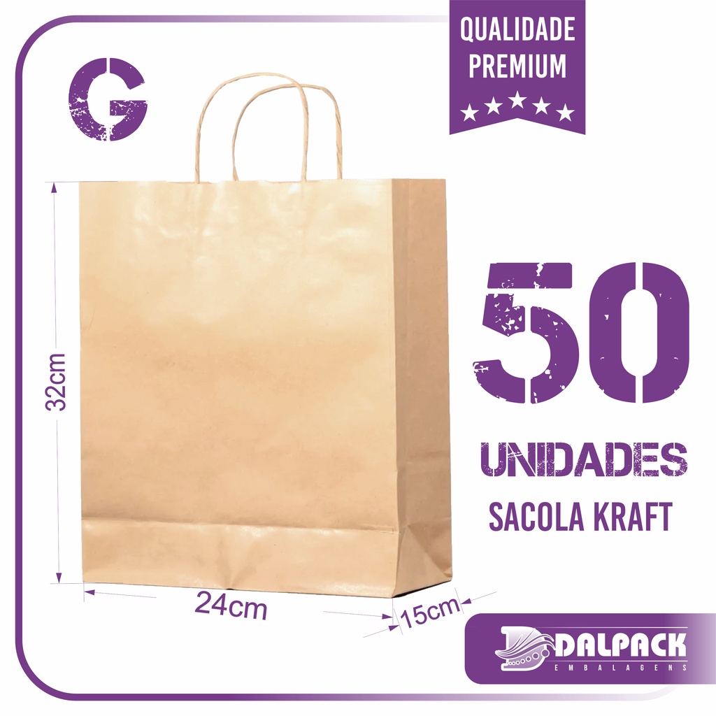 Sacola de Papel Kraft - 50 Unidades - G (24x15x32) - Lisa Sem Impressão