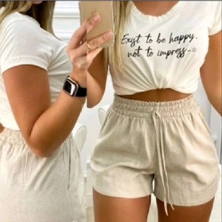 Shorts Curto Feminino De Linho Com Elástico Na Cintura Bolso Faca.