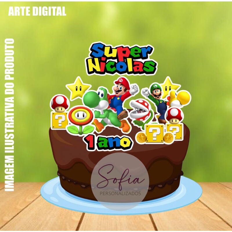 Topo de Bolo - Topper de Bolo Personalizado Aniversário Mesversario Super Mario