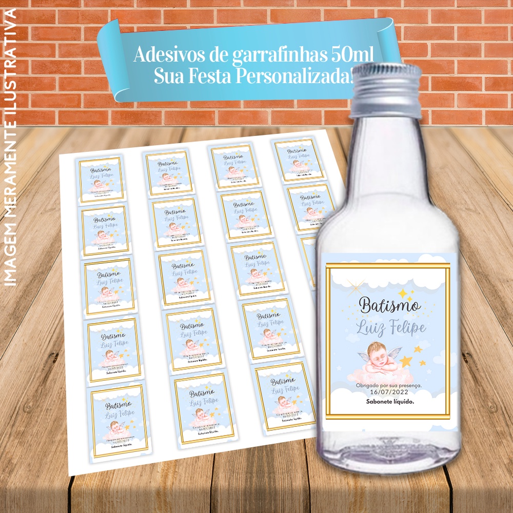 Rótulos Adesivos Personalizadas para Garrafinhas de 50ml 4cm largura x 4,5cm altura Batizado