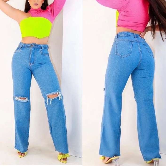 CALÇA JEANS WIDE LEG FEMININA PANTALONA RASGADA CINTURA ALTA SEM LYCRA (calça forma pequeno)