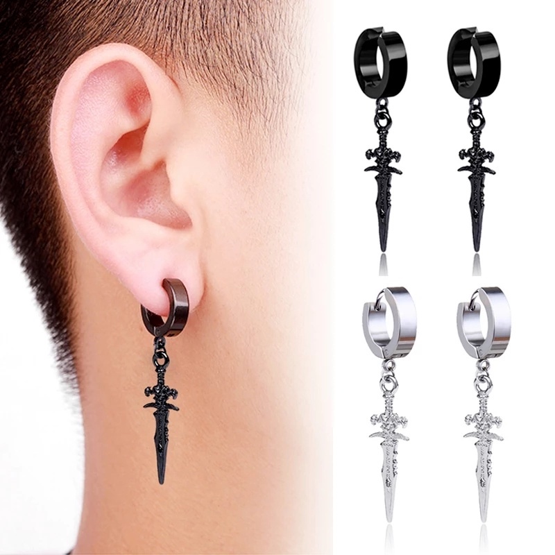 1 Par De Aço Inoxidável Clipe Ouvido Sem Dor Brincos Para Unisex Do Punk Espada Cor Preto Cruz Brinco Jóias Presentes