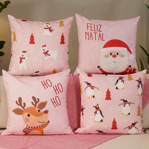 Kit 4 Capas de Almofadas Decorativas Natalinas Rosa 45x45 cm