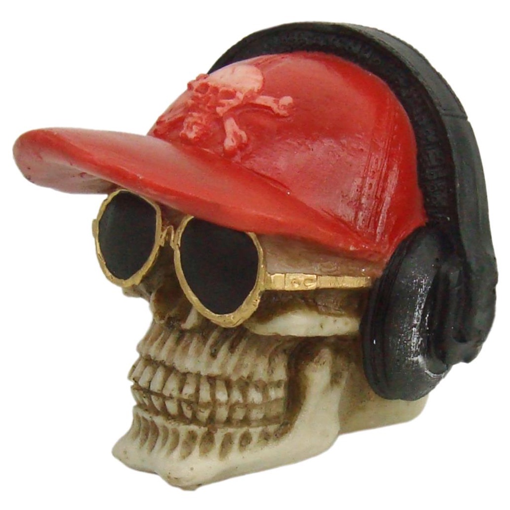 Cranio de bone com fone resina pequeno decorativo