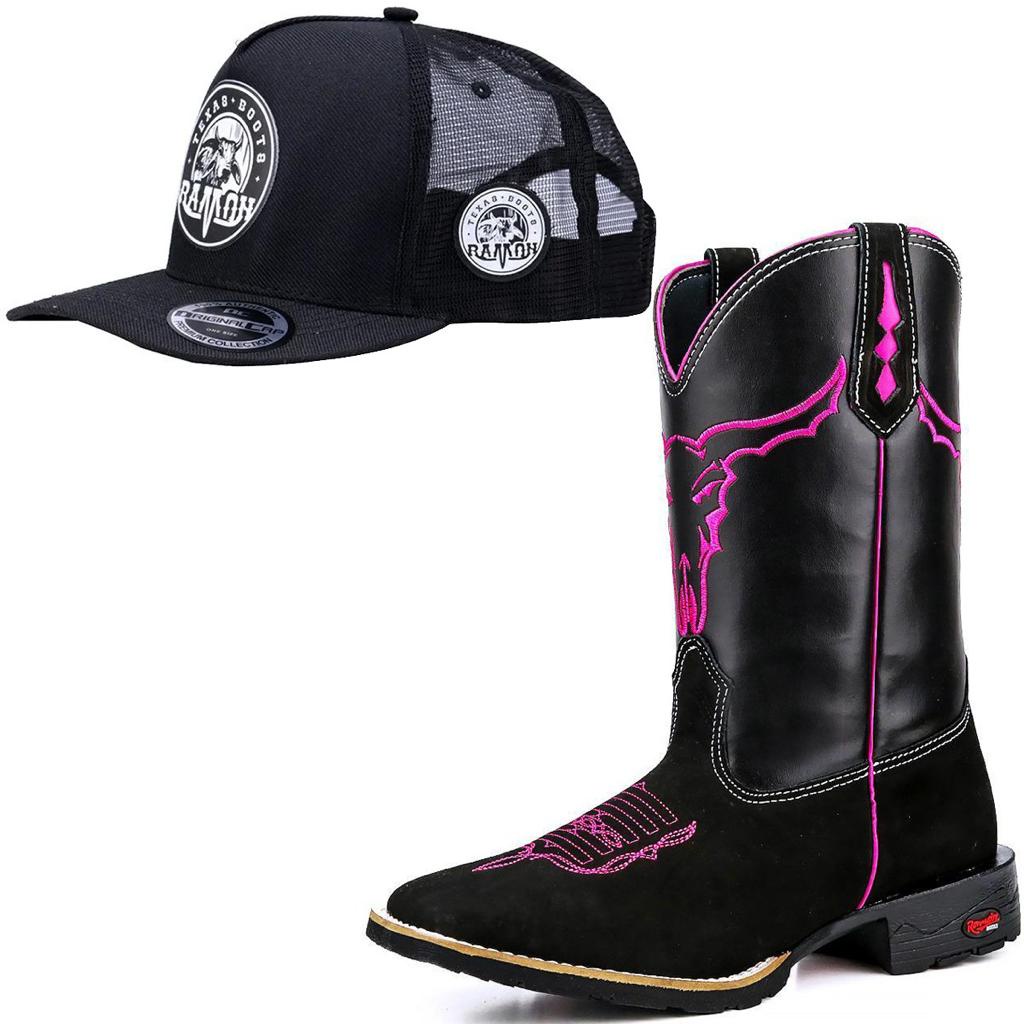 Bota Texana Feminina Cano Longo Bico Quadrado Com Kit Boné Ramon Botas