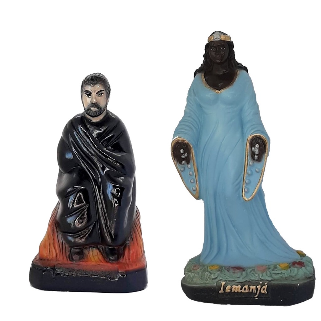 Estátua Exu capa preta sentado e Iemanjá preta candomblé umbanda gesso 20 cm