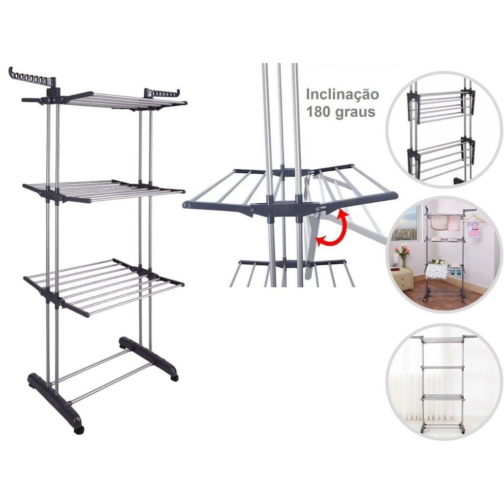 Varal de Apartamento de Chão 3 andares Dobrável Articulado Rodinha ...