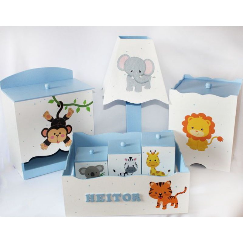 kit higiene safari em MDF 7 peças menino azul bebê e branco