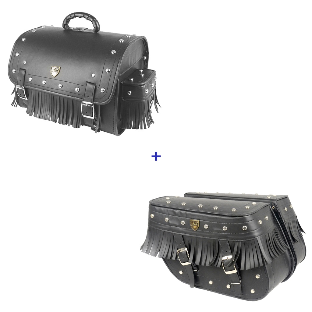Kit Viagem Alforge Traseiro 35 Litros Couro Sintético C/ Cravos e Franjas + Alforge Lateral Losango 32 Litros Couro Sintético C/ Cravos e Franjas