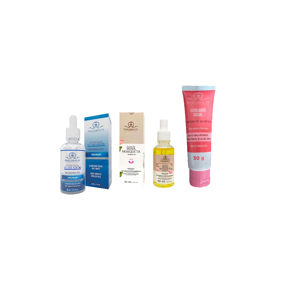 Kit com Sérum Facial Rosa Mosqueta +Sérum Facial Clareador +Esfoliante Facial PhalleBeauty