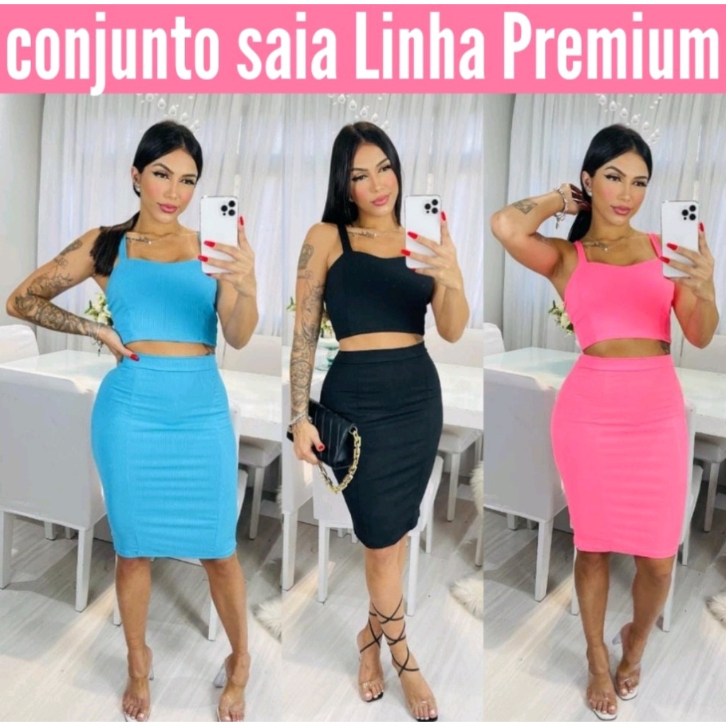 Conjunto Feminino Malha Canelada Conjunto Saia Midi Cintura Alta + Cropped Feminino Alcinha  Tempo Limitado!!!