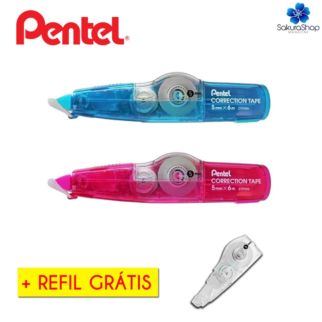 Fita Corretiva PENTEL 5mm x 6M Retrátil+ Refil GRÁTIS