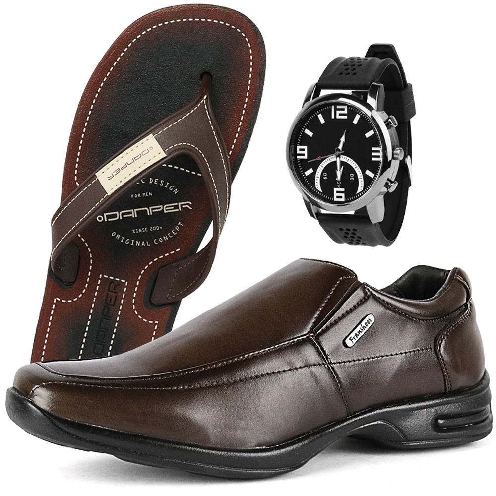 Sapato Social Masculino Confortável Bico Quadrado Sem Cadarço Liso Kit Chinelo e Relógio Promoção