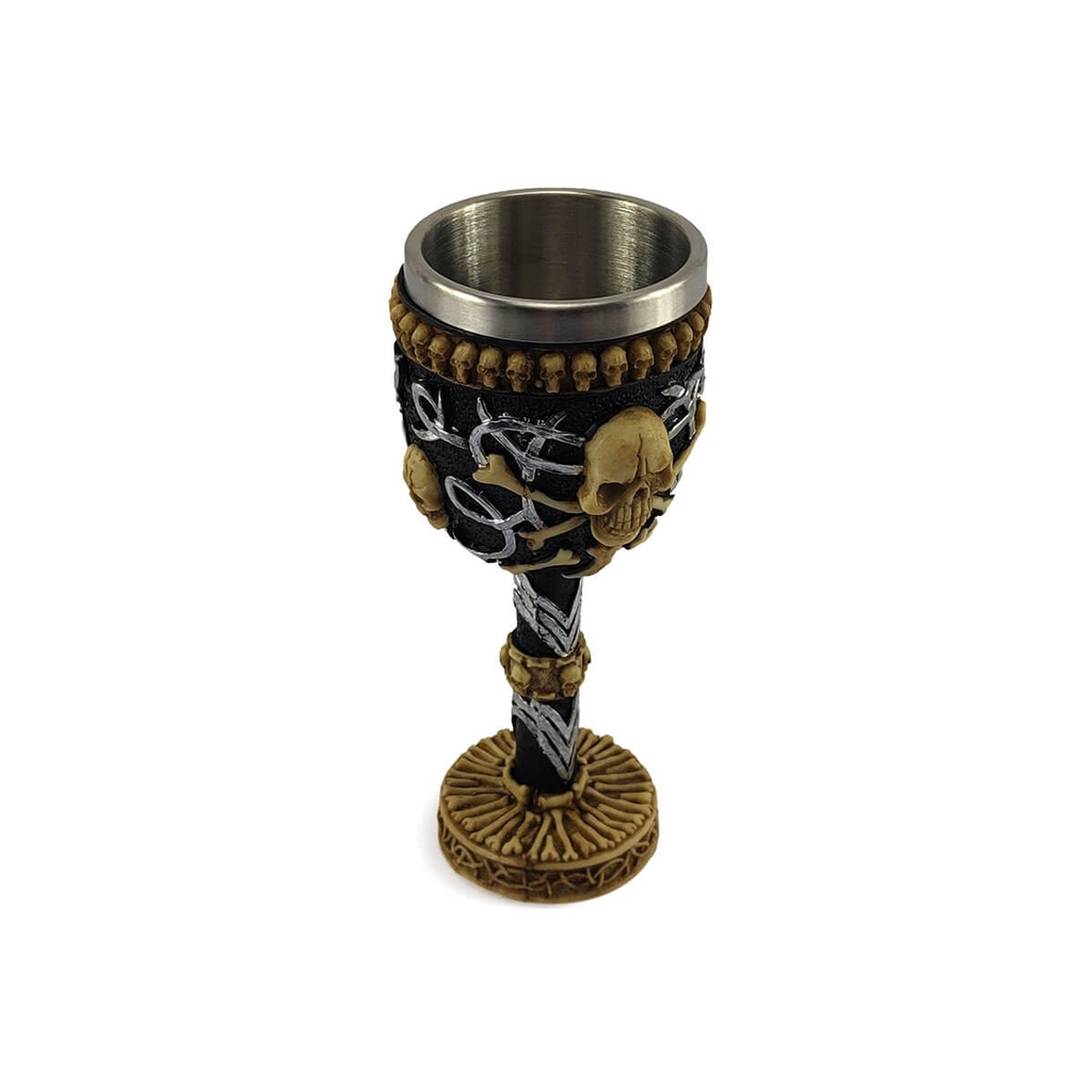 Taça Cálice Em Aço Inox e Resina Crânio Medieval 4 Caveiras Osso Rock Colecionável Decorativo Coquetel Cerveja
