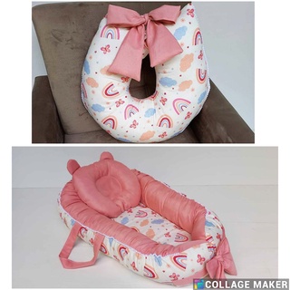 KIT NINHO REDUTOR DE BERÇO MENINA + ALMOFADA AMAMENTAR ARCO IRIS