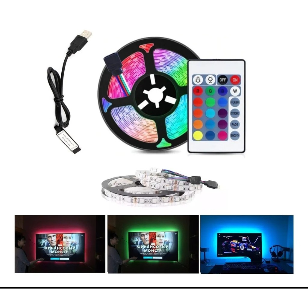 Fita led rgb 5050 1m/3m/5m USB com Controle remoto e silicone