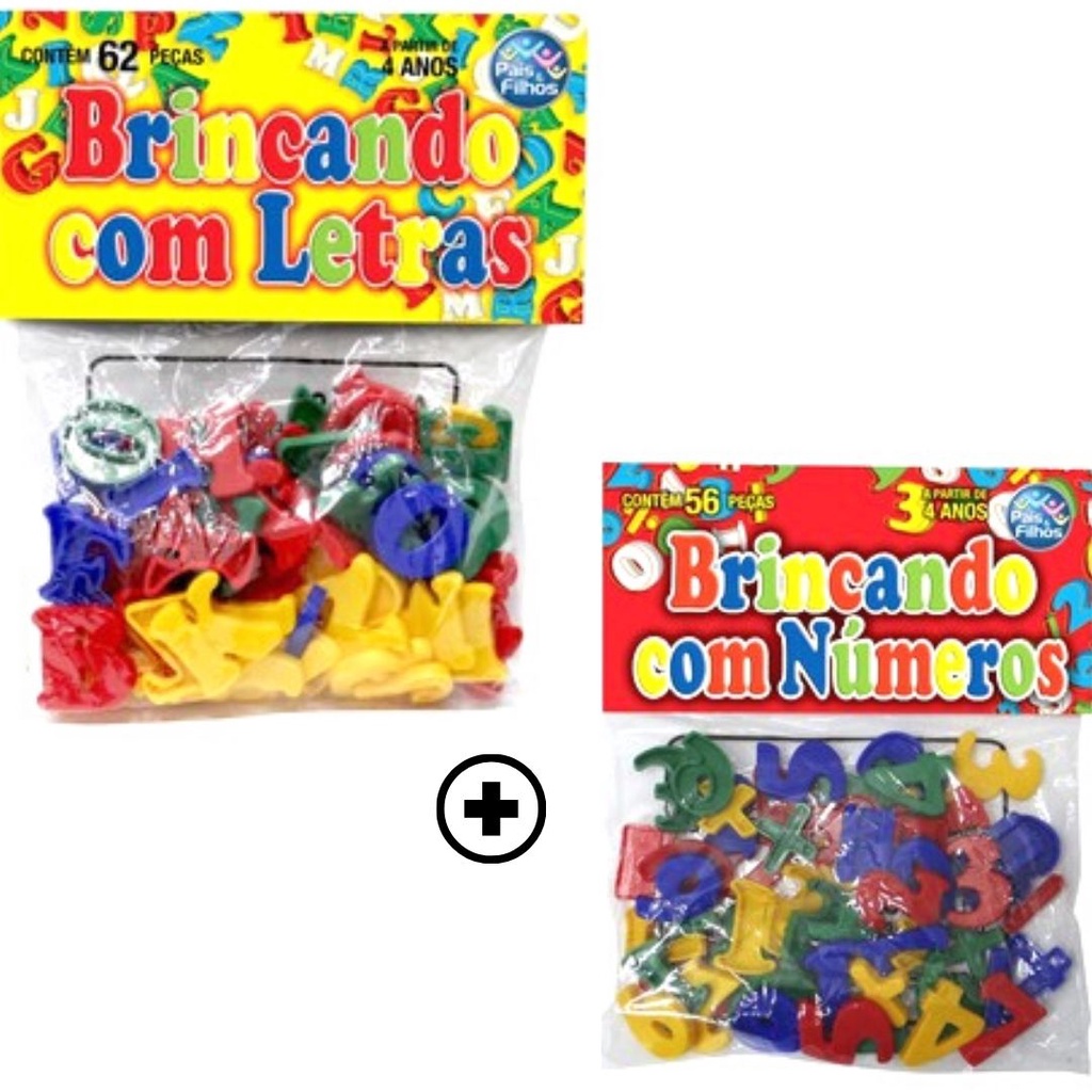 KIT - Brinquedo Pedagógico Brincando com números 56 Peças + Brinquedo Pedagógico Brincando com Letras 62 Peças
