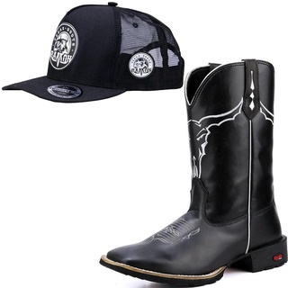 Bota Texana Masculina Bico Quadrado Country Com Kit Boné Ramon Botas