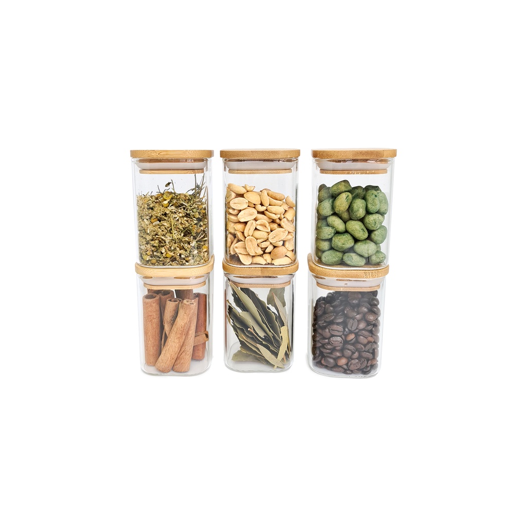 Kit 6 Potes De Vidro Mantimentos Quadrados 200ml C/ Tampa Bambu - Oikos em Oferta na Shopee