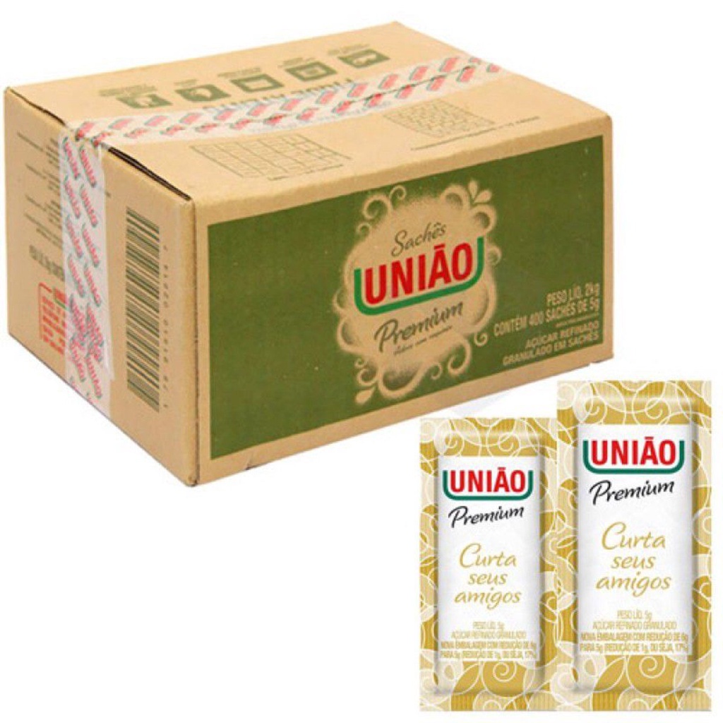Açúcar Sachê União Premium - C/ 100 200 300 400 unidades - Refinado e Granulado