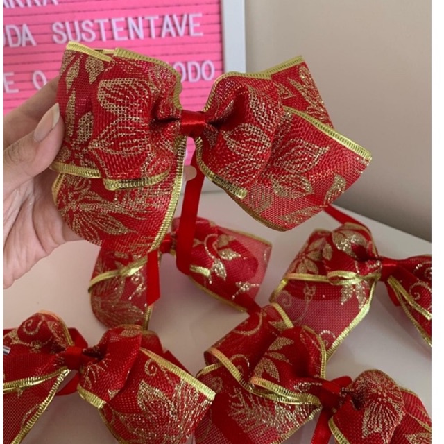 Laço Natal artesanal duplo natalino vermelho e dourado com glitter árvore  de natal enfeite | Shopee Brasil