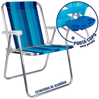 Cadeira de Praia Alta em Alumínio Cores Variadas 2101 + Mesa Portátil Porta Copos MOR