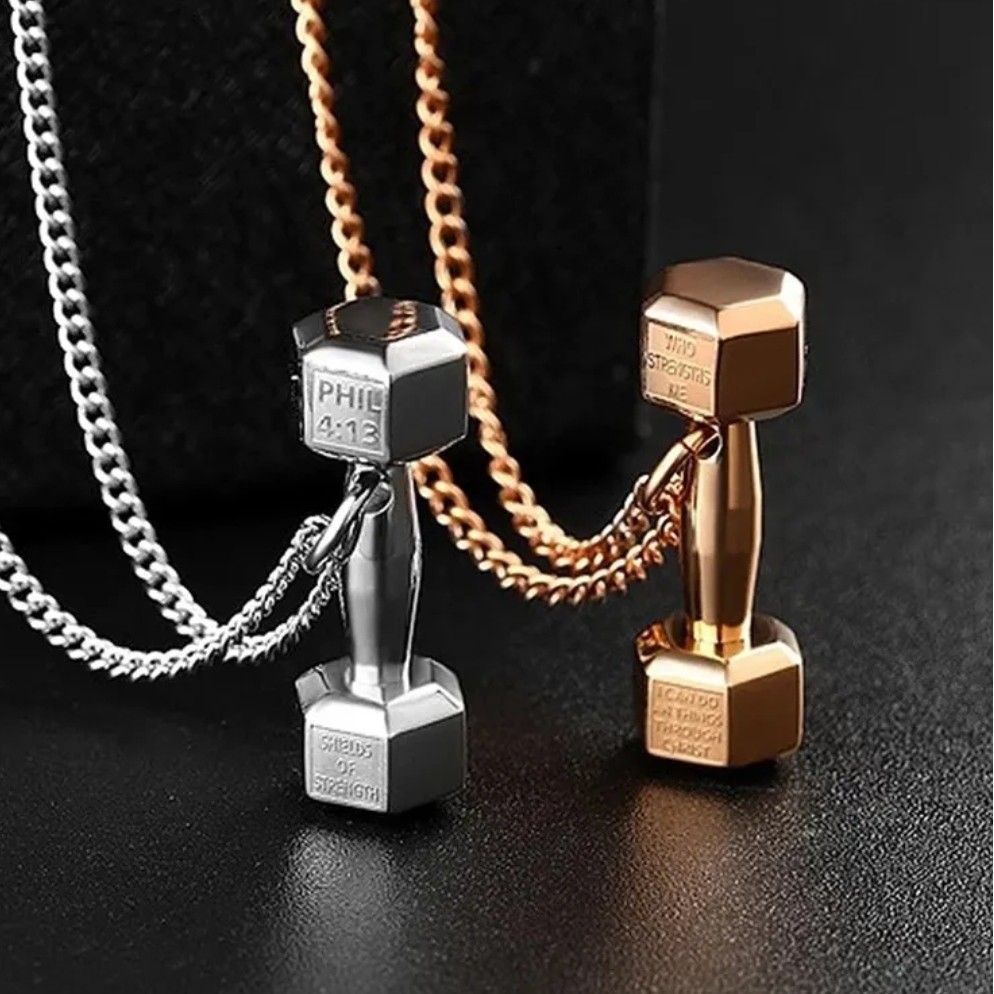 Corrente com pingente em Aço inox Dumbell Whey Academia Anilhas Musculação