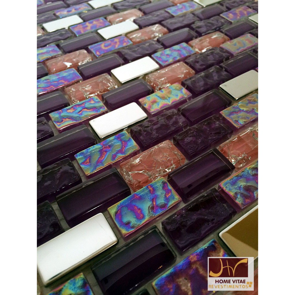 Pastilha De Vidro Roxo Lilás Horizontal Craquelado e Aço Inox