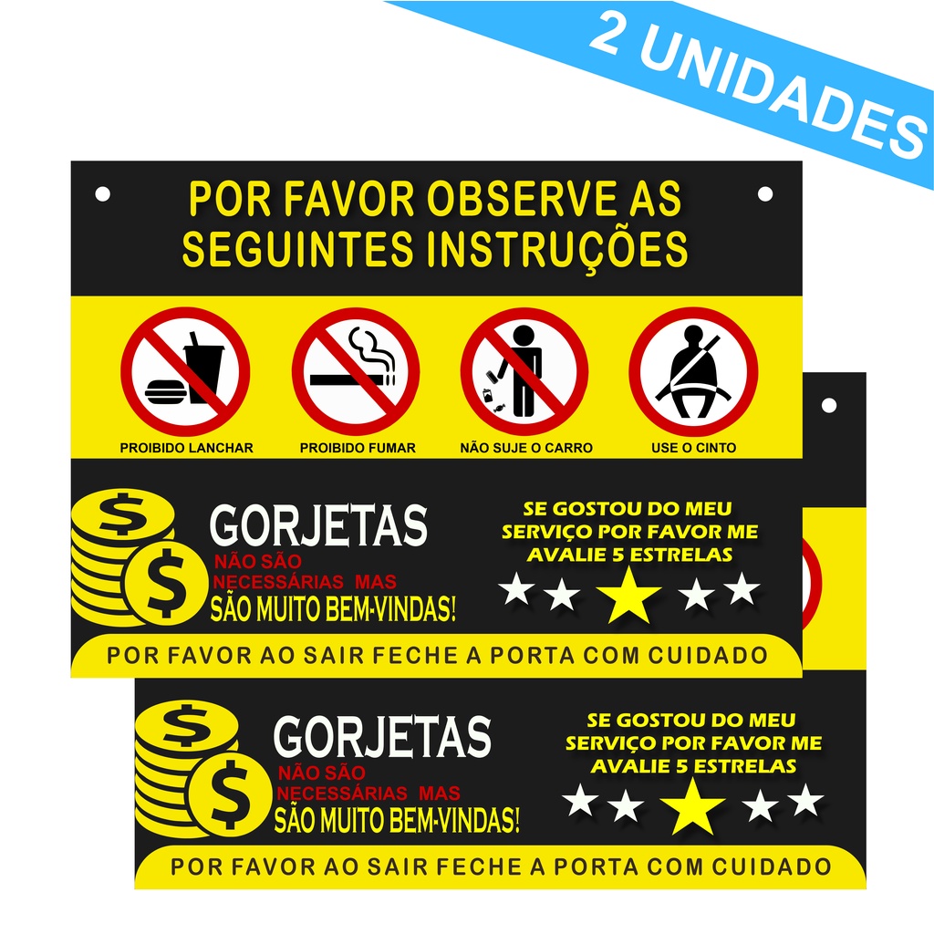 Kit 2 Plaquinhas Informativas para Motorista de aplicativo Uber 99 Taxi + Adesivo Brinde (Amarela)