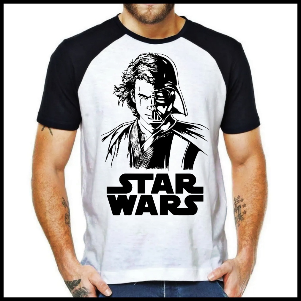 Camiseta Star Wars Anakin Skywalker e Darth Vader Branca Blusa Raglan