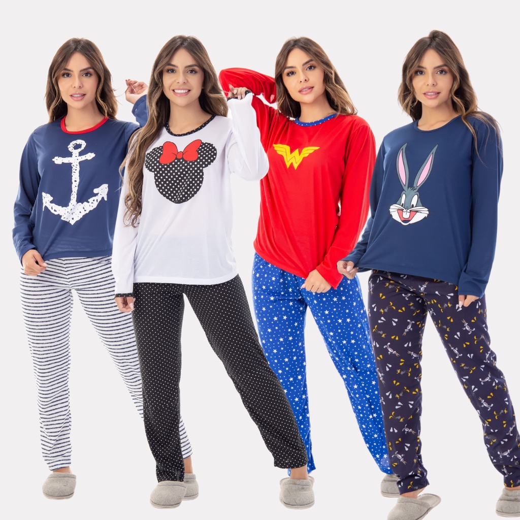 Pijama Feminino Longo Estampa Personagens Confortável Comprido Frio Adulto Personagem Inverno