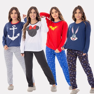 Pijama Feminino Longo Estampa Personagens Desenho Confortável Comprido Frio Malha Roupa de Dormir Quente Adulto Personagem Inverno 330