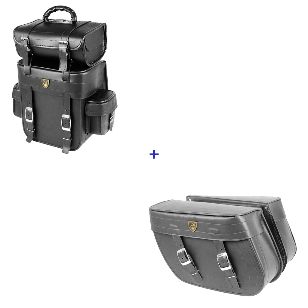 Kit Viagem Alforge Traseiro 25 Litros Couro Sintético Liso + Alforge Lateral Losango 32 Litros Couro Sintético Liso