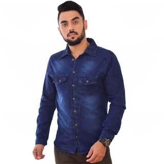 Camisa Jeans Social Masculina - EWF Jeans - Manga Longa Azul Escuro