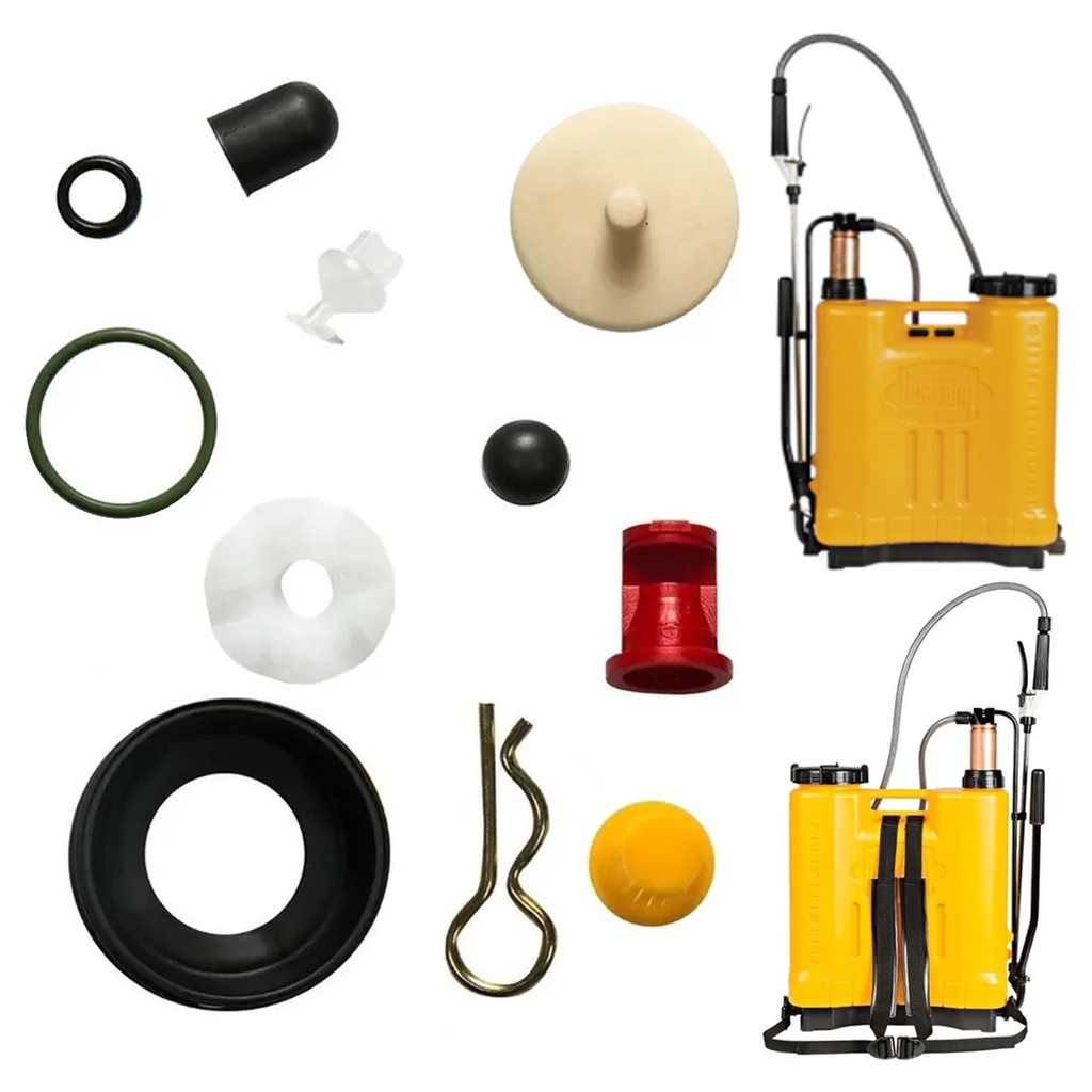Kit de serviço de pressão utilizado nos Pulverizadores costais Guarany com acumulador de pressão de cobre com capacidade de 16 e 20 litros.