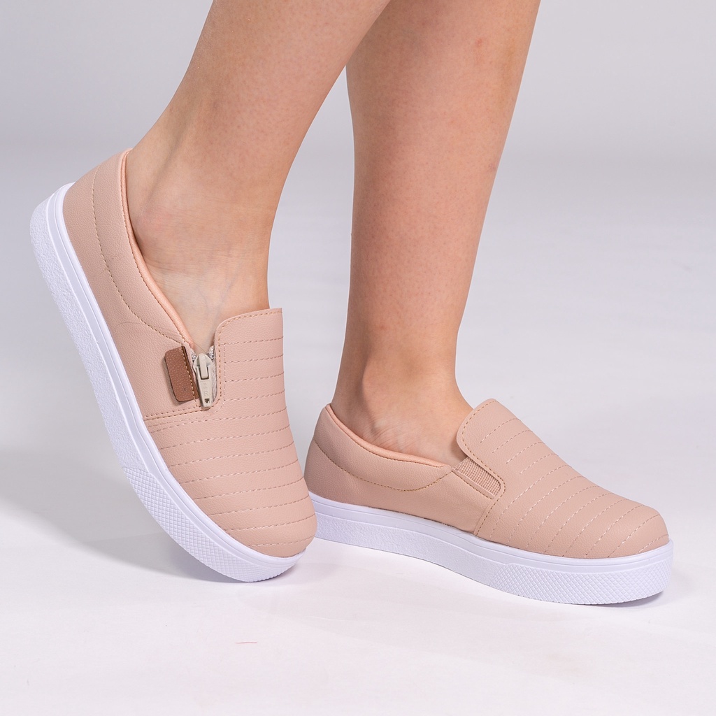 Tênis Feminino Slip On Casual Ziper Napa Nude
