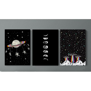 Quadros Decorativos Espaçonaves Fases da Lua Astronautras 3 Peças