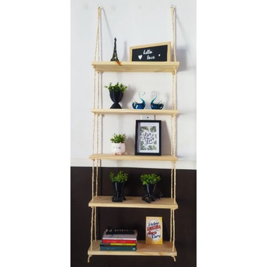 Prateleira 5 Andares Madeira Rústica Suspensa Corda Sisal Estante Nicho Suculentas Plantas Decorativa Sala